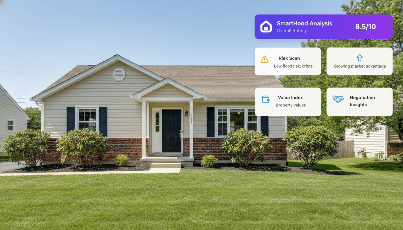 SmartHood AI Property Analysis showing 8.5/10 score with Risk Scan, Value Index, and Negotiation Insights
